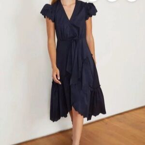 Navy Caballero faux Wrap Midi Dress with Scallop Details (high/low)